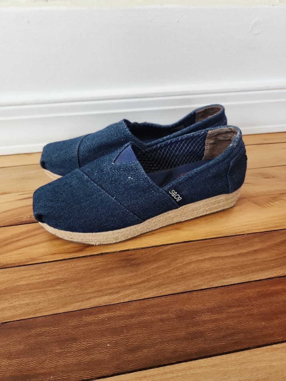 BOBS from Skechers Women's Denim Espadrille Wedge Flats Blue Size 7.5
